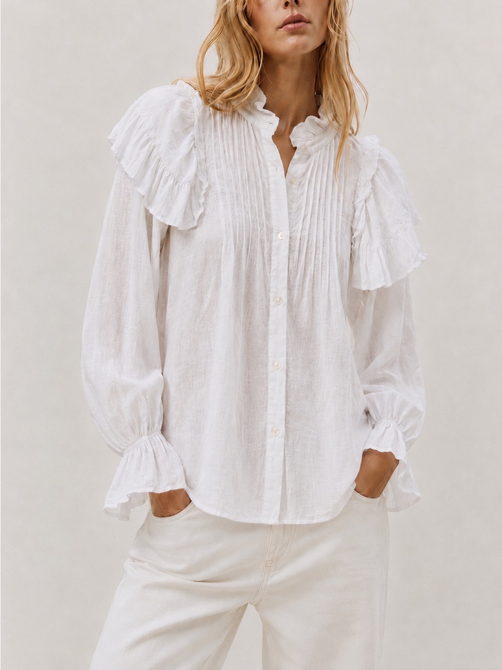 100% Linen Zara Shirt Blouse Bib Collar Long Sleeve size XS